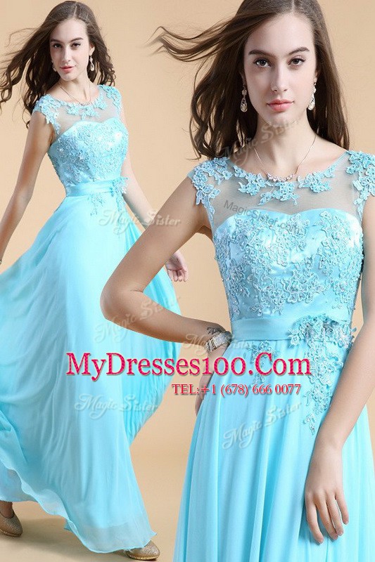Free and Easy Scoop Aqua Blue Column/Sheath Appliques Prom Dresses Zipper Chiffon Sleeveless Floor Length