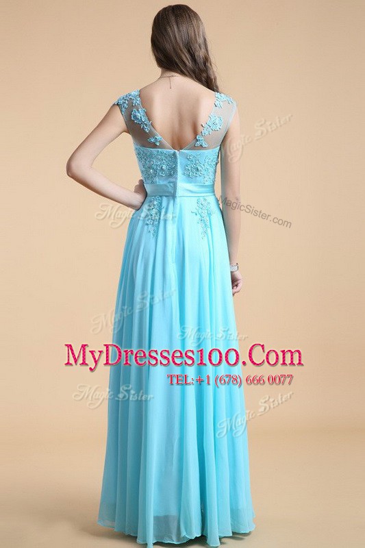 Free and Easy Scoop Aqua Blue Column/Sheath Appliques Prom Dresses Zipper Chiffon Sleeveless Floor Length