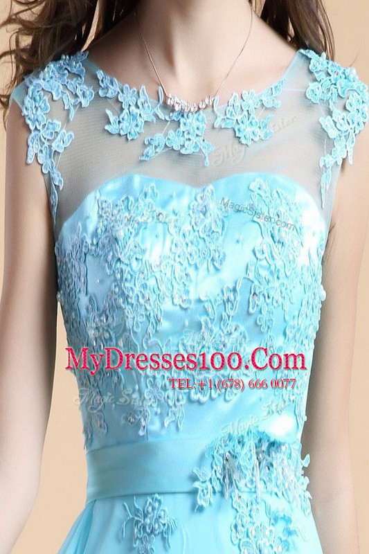 Free and Easy Scoop Aqua Blue Column/Sheath Appliques Prom Dresses Zipper Chiffon Sleeveless Floor Length