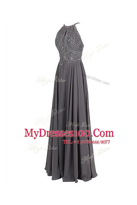 Beading Prom Evening Gown Grey Zipper Sleeveless Floor Length