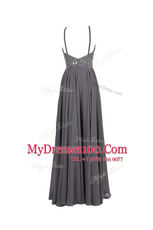 Beading Prom Evening Gown Grey Zipper Sleeveless Floor Length