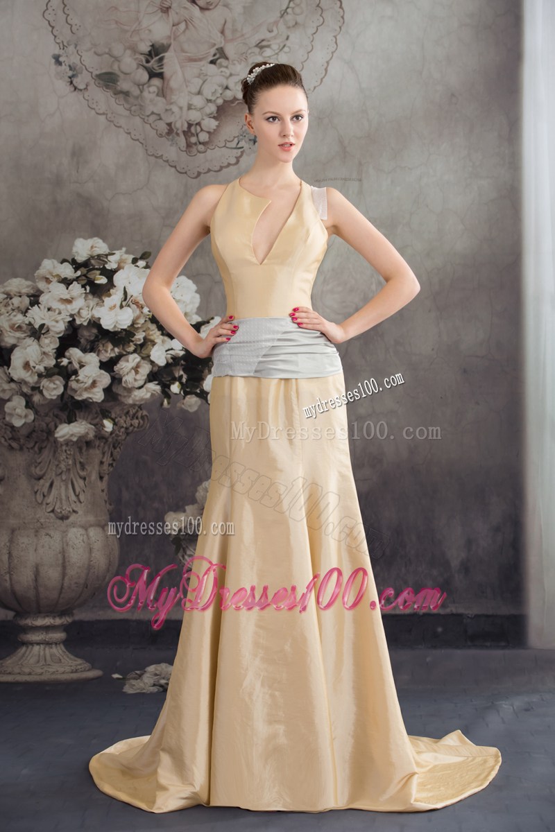 2013 Designer Column Sash Brush Train Prom Dress