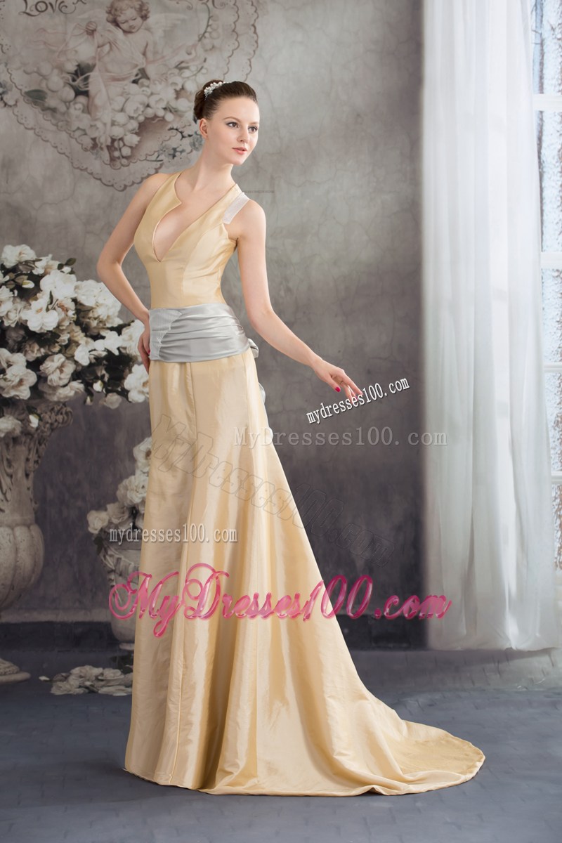 2013 Designer Column Sash Brush Train Prom Dress
