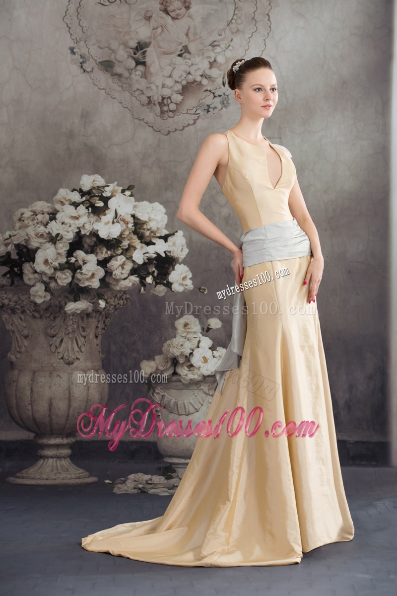 2013 Designer Column Sash Brush Train Prom Dress