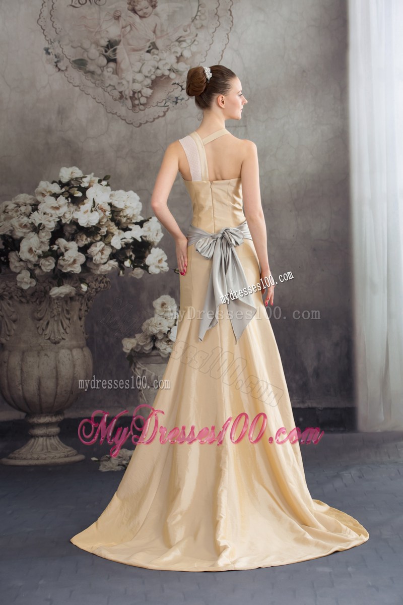 2013 Designer Column Sash Brush Train Prom Dress