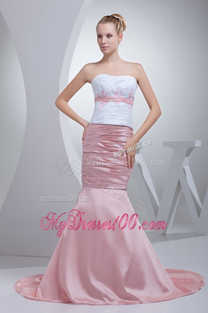 Appliques Beading Mermaid Court Train Strapless Prom Dress