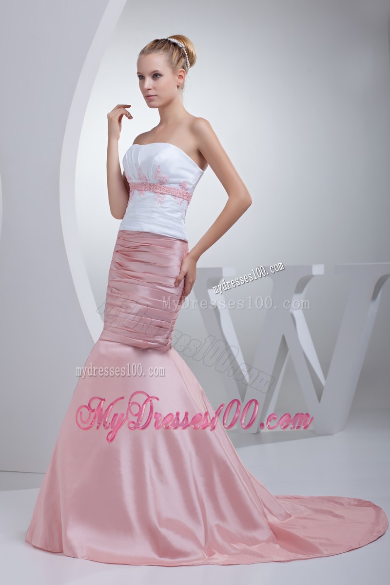 Appliques Beading Mermaid Court Train Strapless Prom Dress