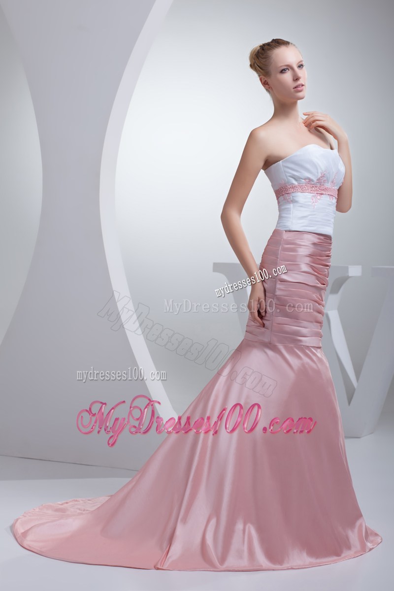 Appliques Beading Mermaid Court Train Strapless Prom Dress