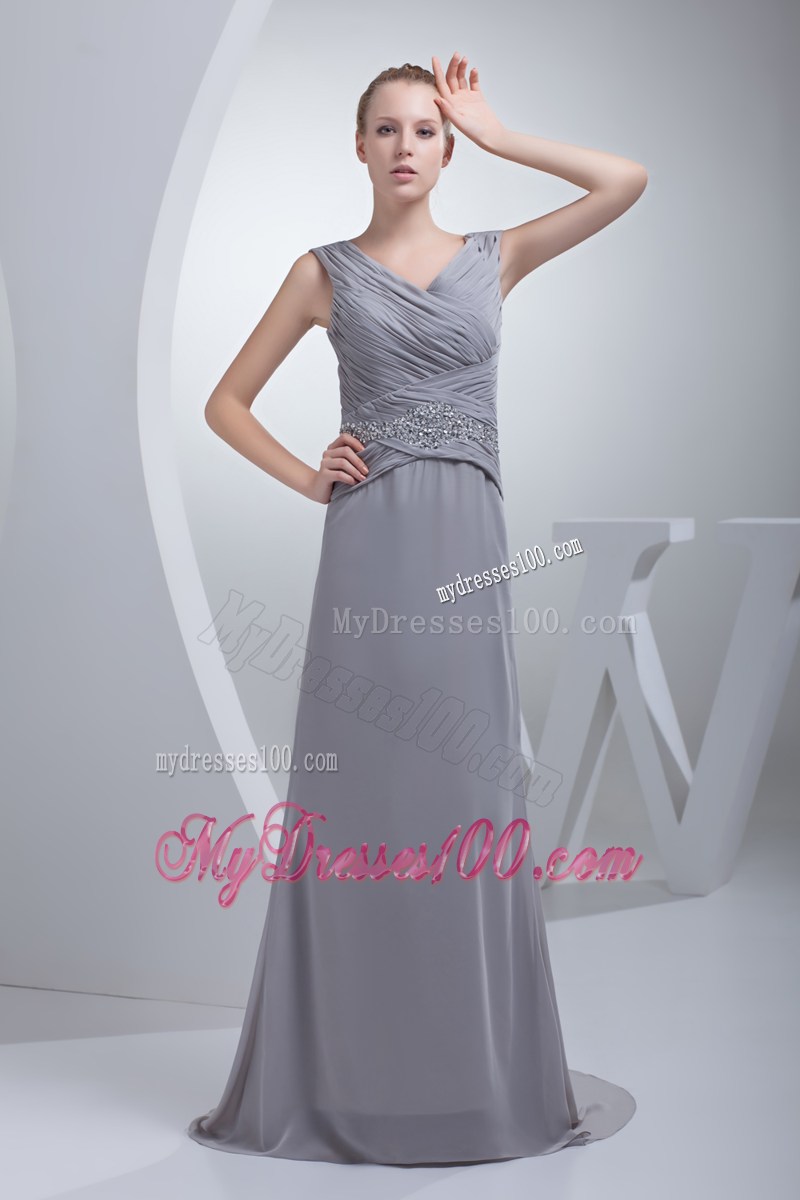 Beading Ruching V-neck Brush Train Column Prom Dress