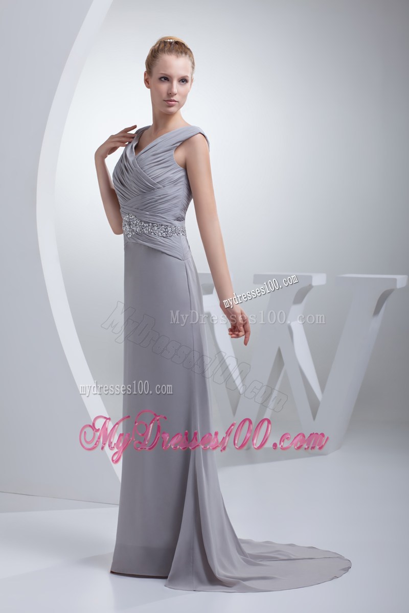 Beading Ruching V-neck Brush Train Column Prom Dress