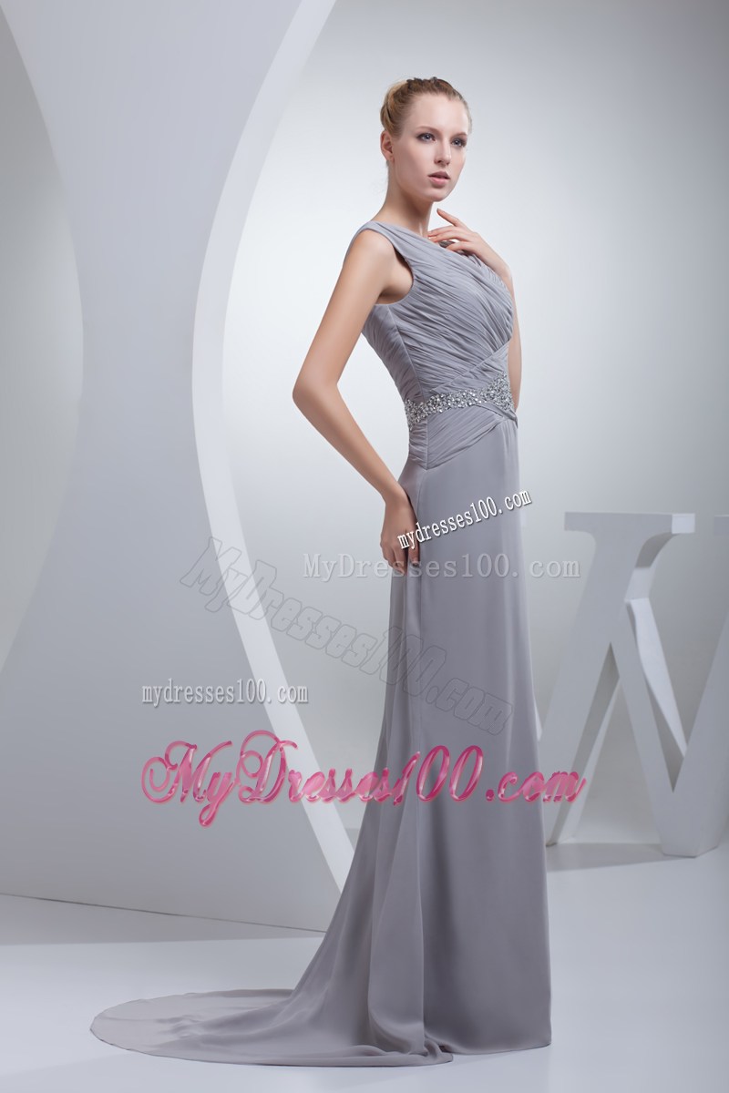 Beading Ruching V-neck Brush Train Column Prom Dress