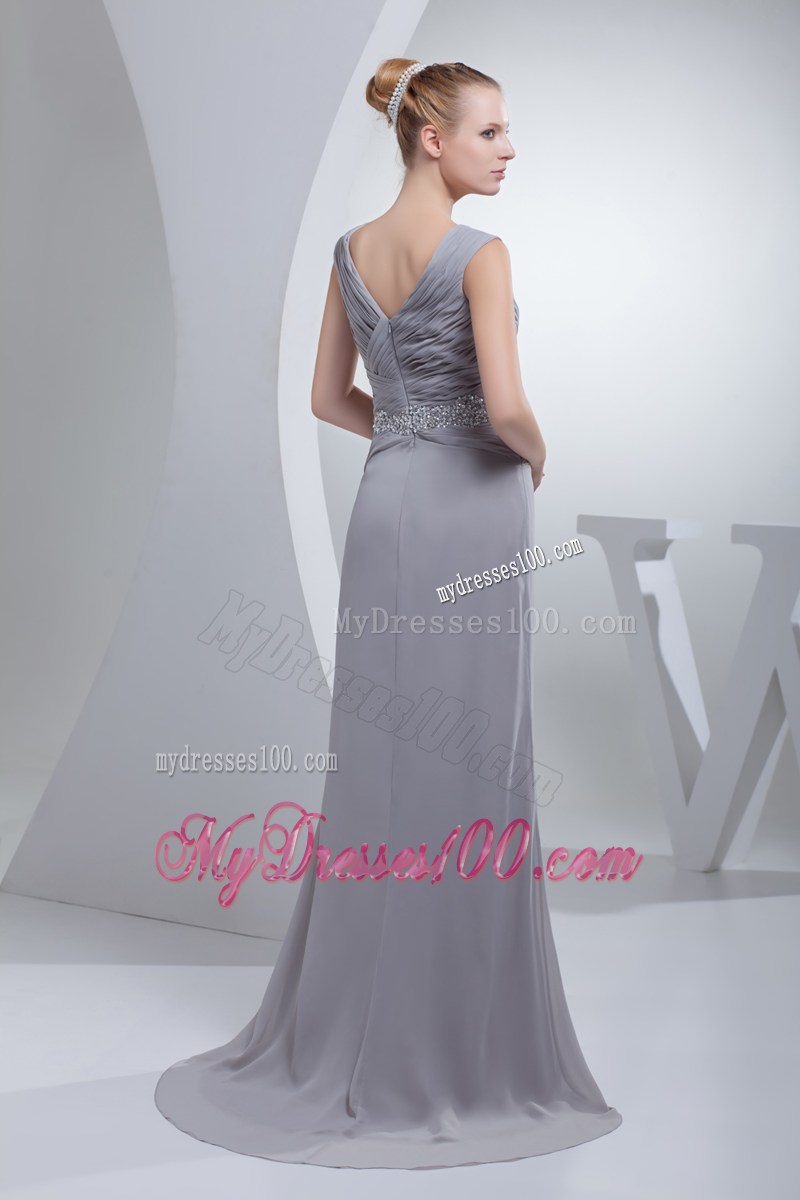 Beading Ruching V-neck Brush Train Column Prom Dress