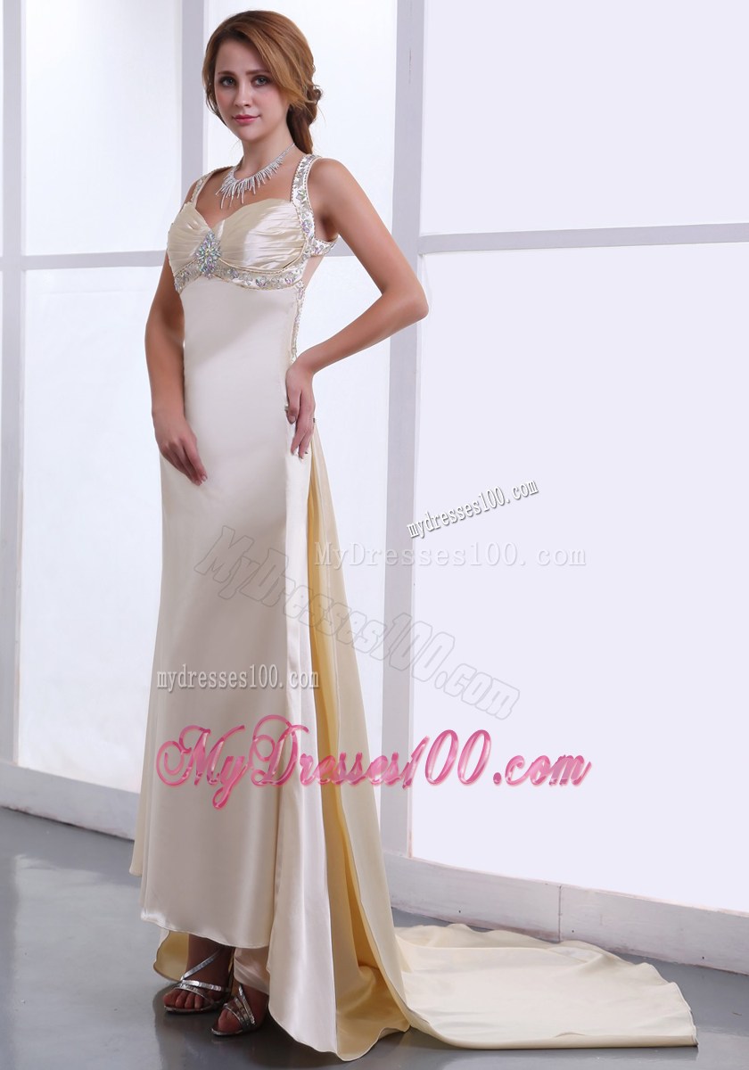 Beading and Ruching Champagne Watteau Train Straps 2013 Prom Dress