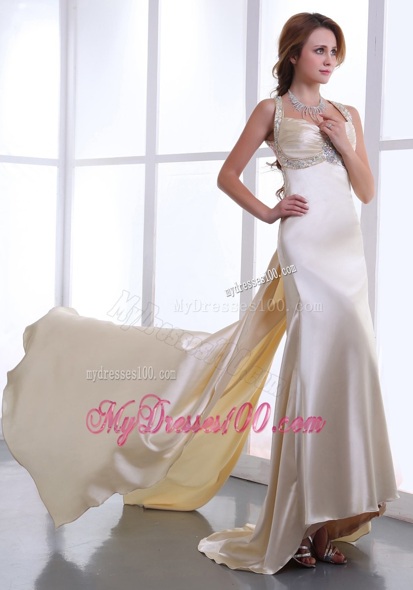 Beading and Ruching Champagne Watteau Train Straps 2013 Prom Dress