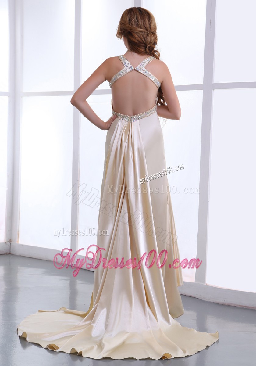 Beading and Ruching Champagne Watteau Train Straps 2013 Prom Dress