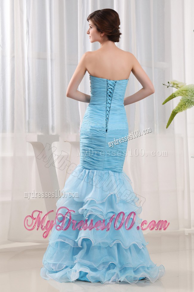 Baby Blue Beaded Ruching Ruffled Layers Sweetheart Celebrity Dresses
