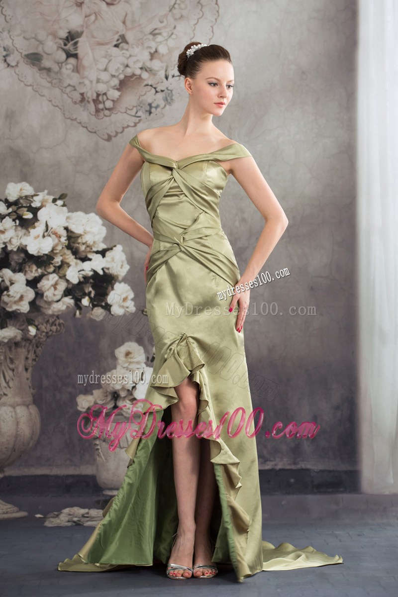 Column Off the Shoulder Green 2013 Ruching Prom Dress
