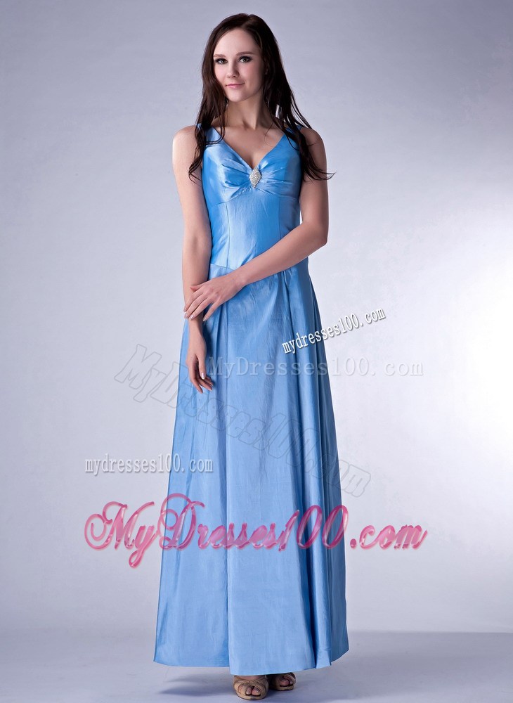 Custom Made Baby Blue V-neck Celebrity Dresses Beading Ankle-length
