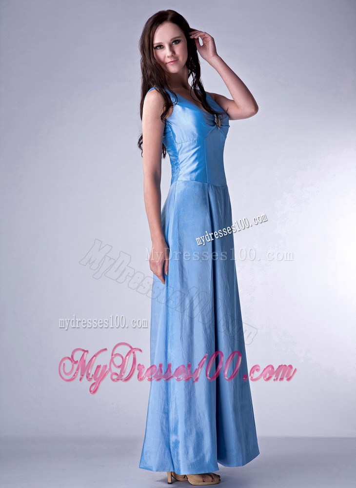 Custom Made Baby Blue V-neck Celebrity Dresses Beading Ankle-length