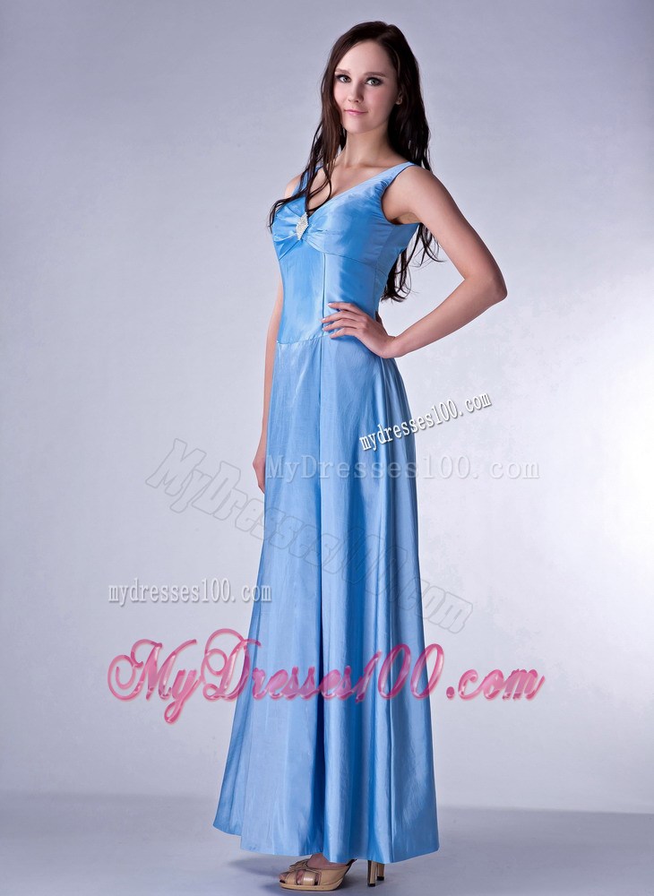 Custom Made Baby Blue V-neck Celebrity Dresses Beading Ankle-length