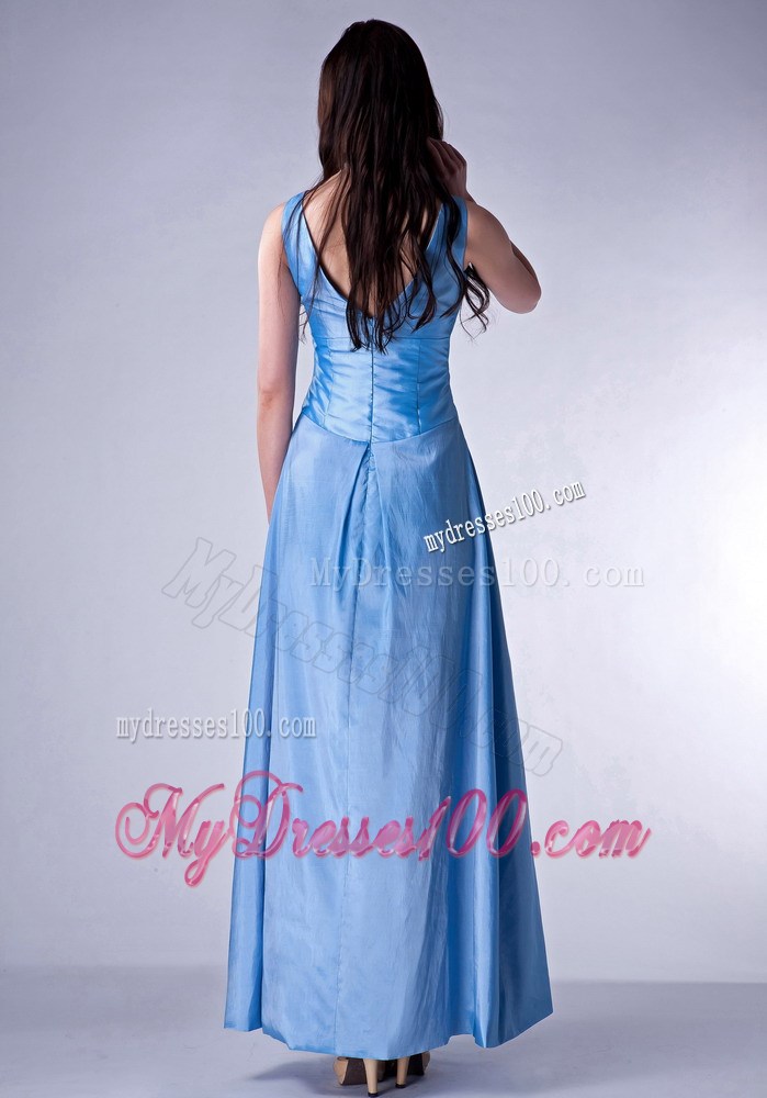 Custom Made Baby Blue V-neck Celebrity Dresses Beading Ankle-length