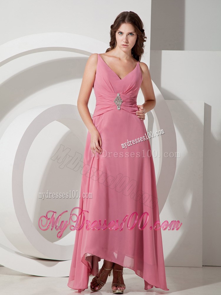 Customize Empire V-neck Beading Celebrity Dress with Ankle-length