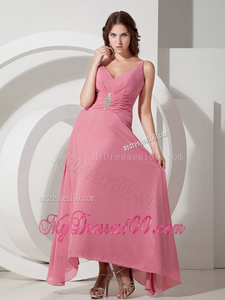 Customize Empire V-neck Beading Celebrity Dress with Ankle-length