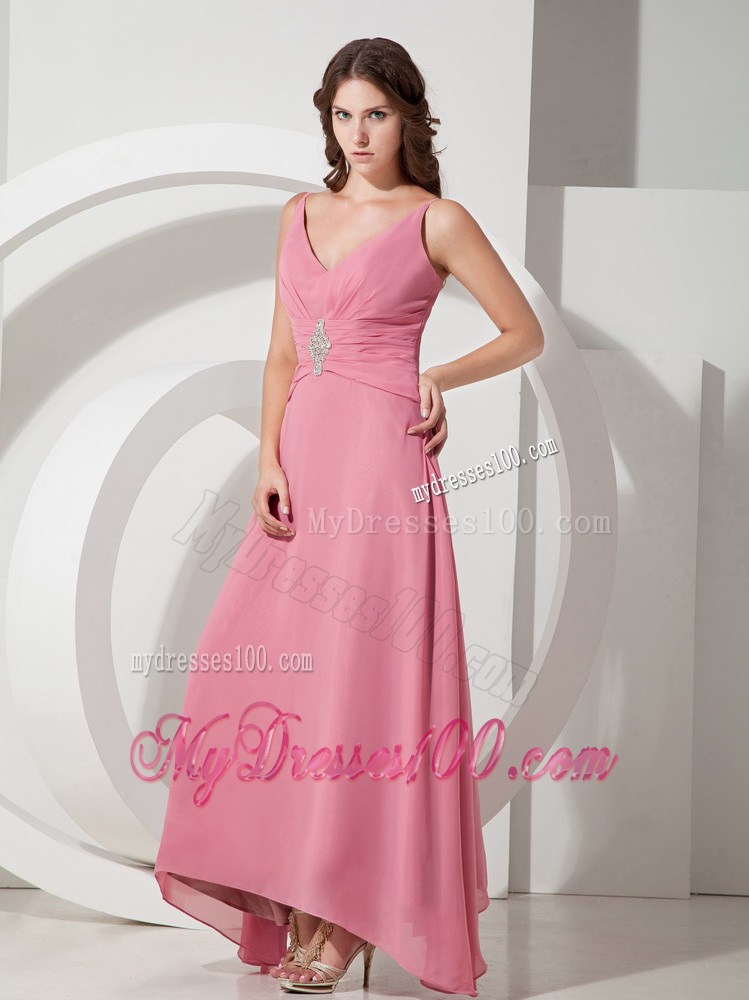 Customize Empire V-neck Beading Celebrity Dress with Ankle-length
