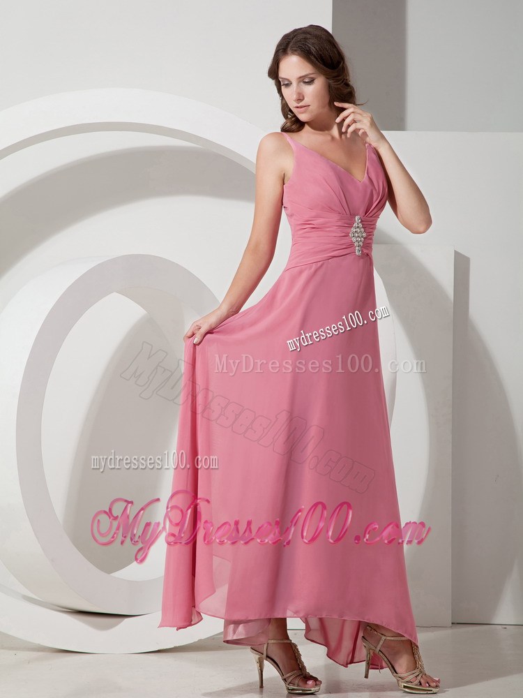 Customize Empire V-neck Beading Celebrity Dress with Ankle-length