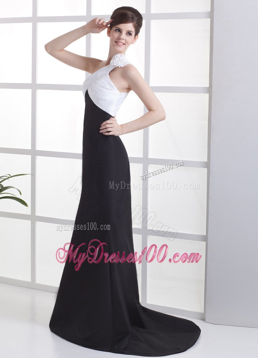 Flowers One Shoulder White and Black Brush Train 2013 Celebrity Dresses