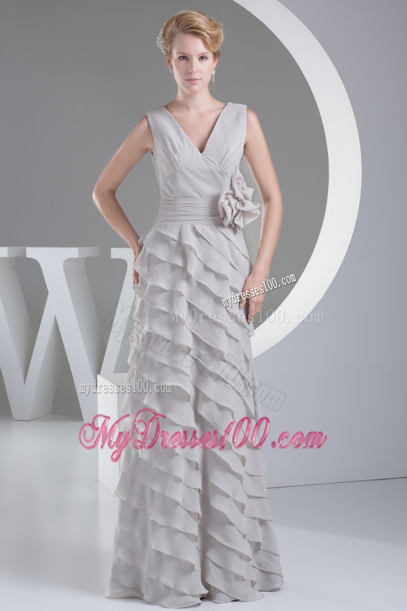 Hand Made Flowers V-neck Long Prom Dress With Zipper Up Back