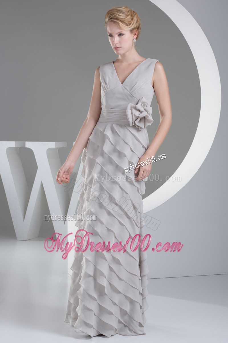Hand Made Flowers V-neck Long Prom Dress With Zipper Up Back