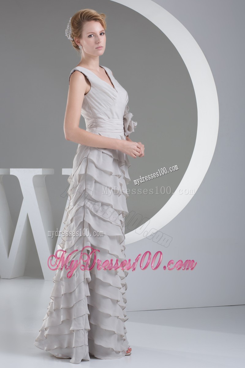 Hand Made Flowers V-neck Long Prom Dress With Zipper Up Back