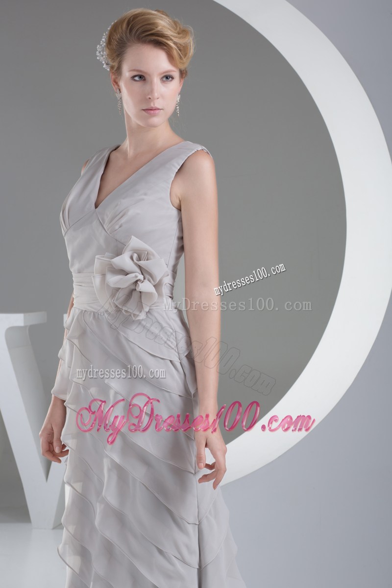 Hand Made Flowers V-neck Long Prom Dress With Zipper Up Back