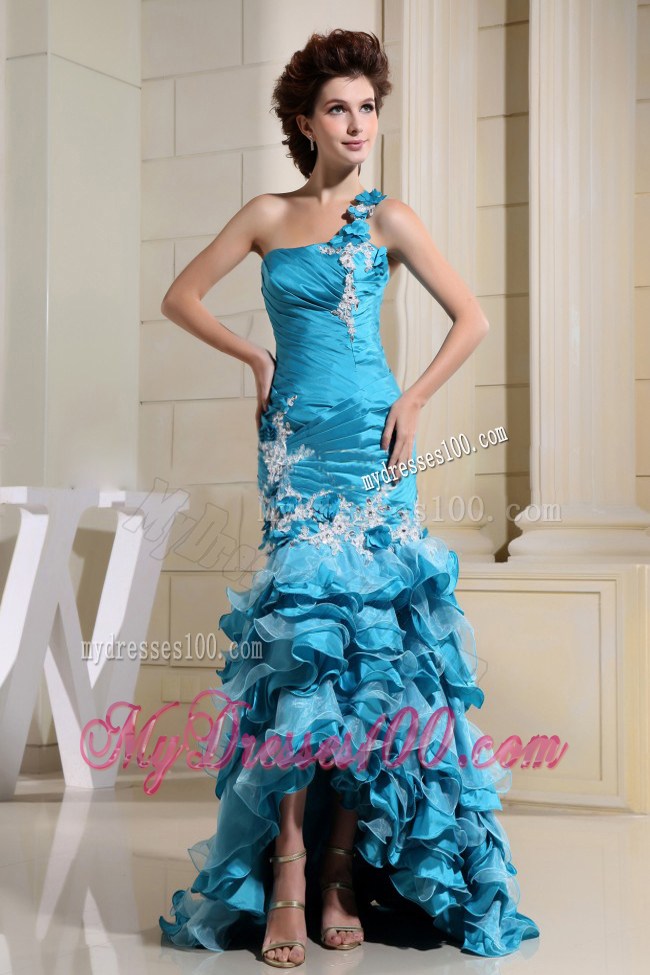 High-low Teal and Mermaid For Amazing Prom Dress With Appliques and Ruffled Layers