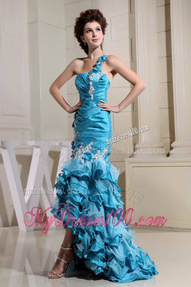 High-low Teal and Mermaid For Amazing Prom Dress With Appliques and Ruffled Layers