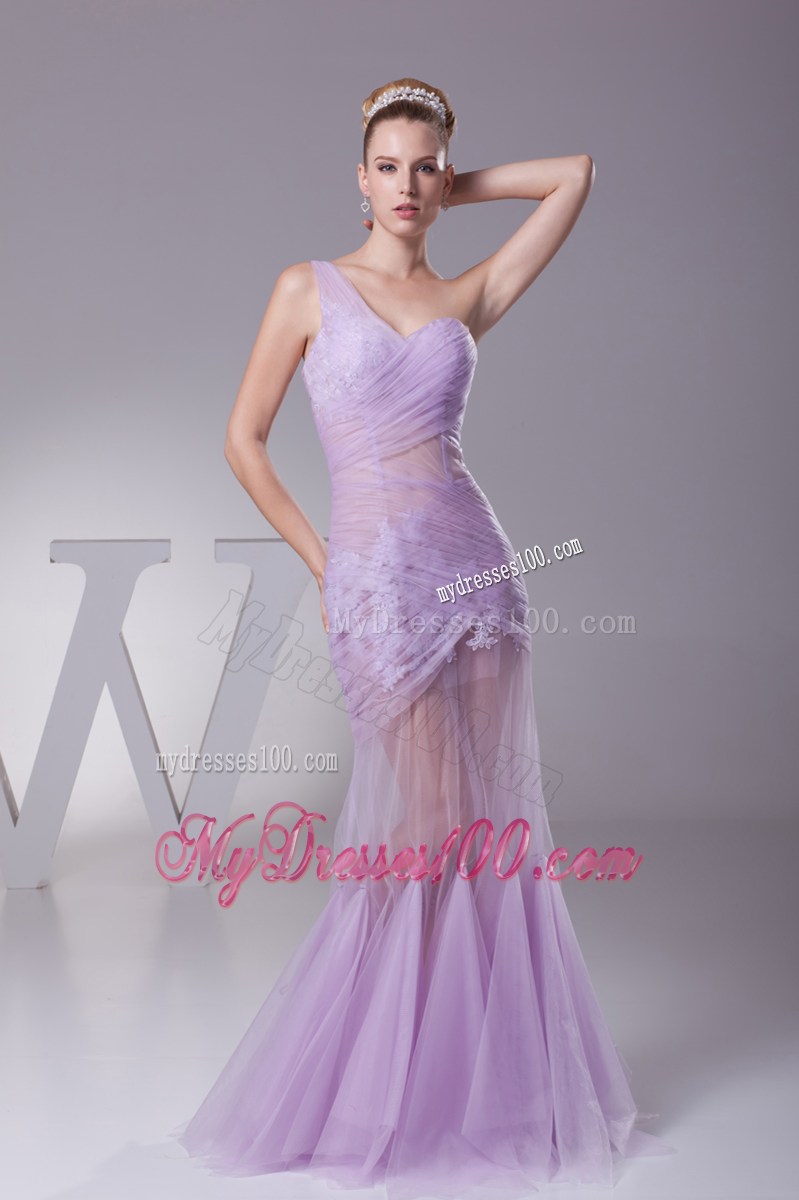 Lavender One Shoulder Mermaid Ruching Appliques Prom Dress