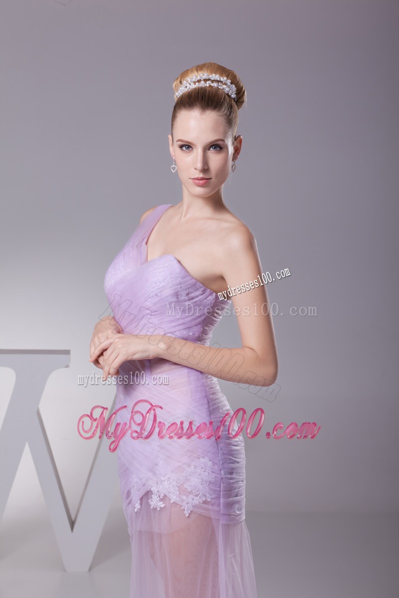 Lavender One Shoulder Mermaid Ruching Appliques Prom Dress