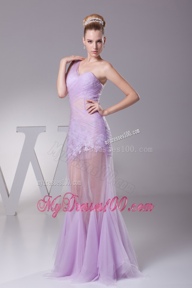 Lavender One Shoulder Mermaid Ruching Appliques Prom Dress