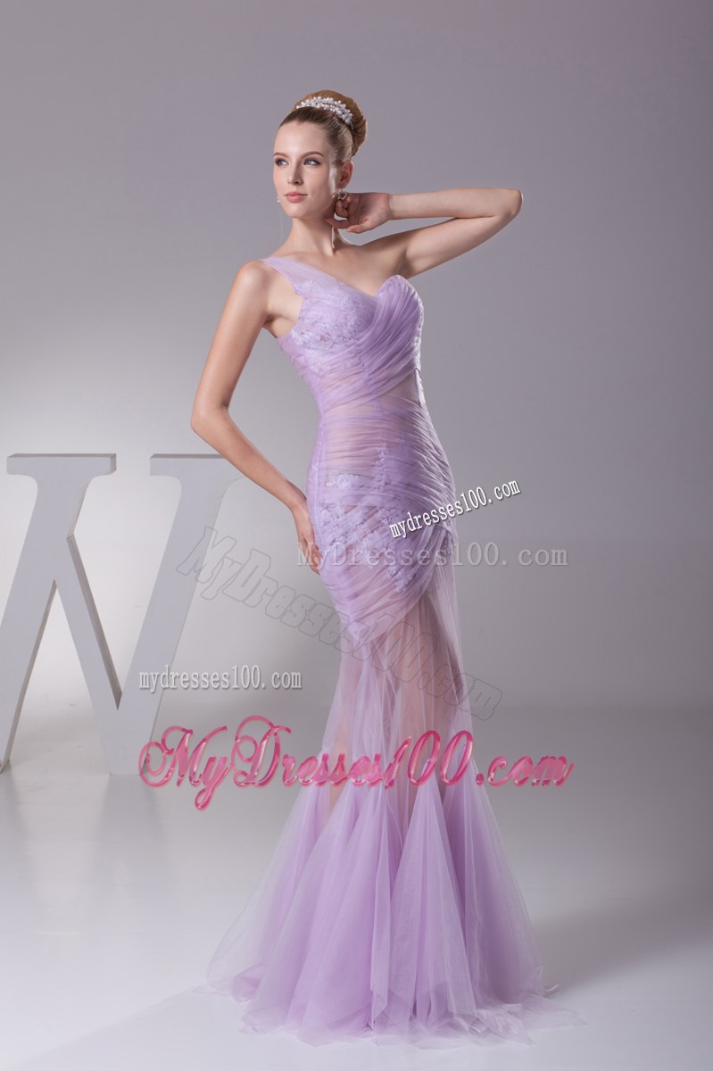 Lavender One Shoulder Mermaid Ruching Appliques Prom Dress