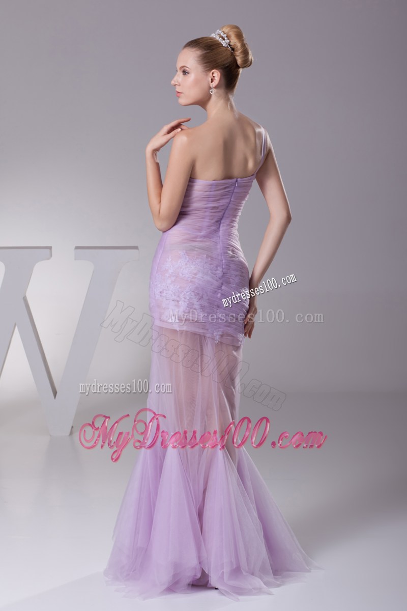 Lavender One Shoulder Mermaid Ruching Appliques Prom Dress