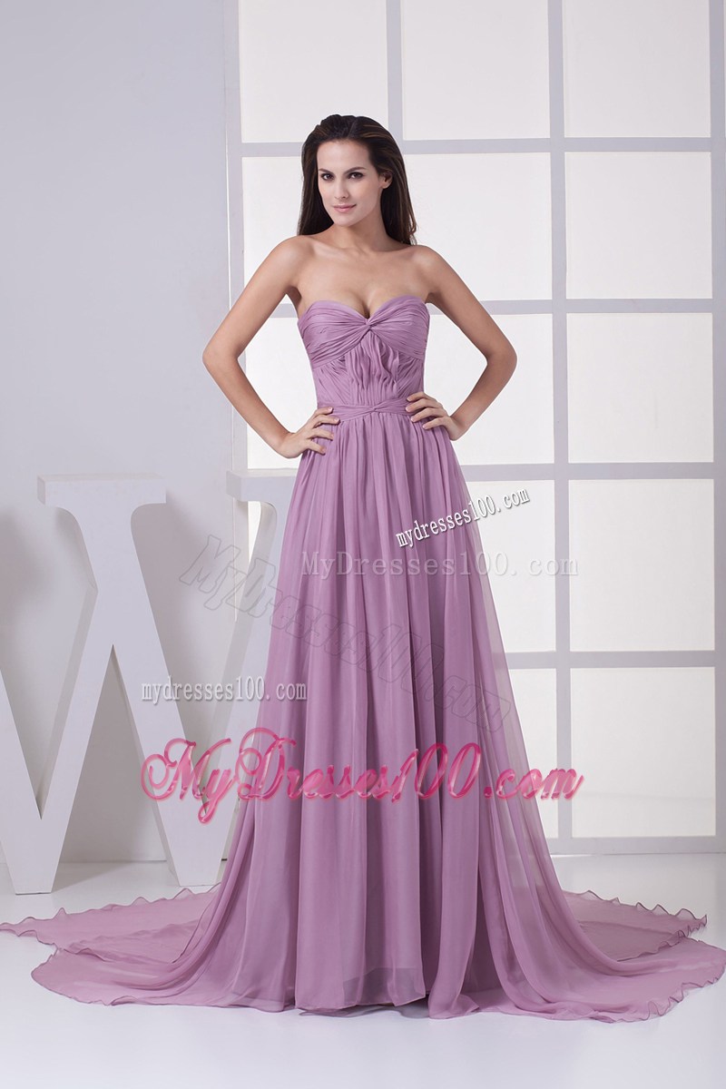 Lavender Sweetheart Ruching Court Train Prom Dress
