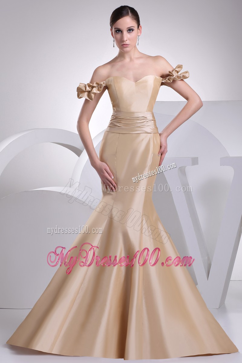 Memraid Off The Shoulder Champage Sash Prom Dress