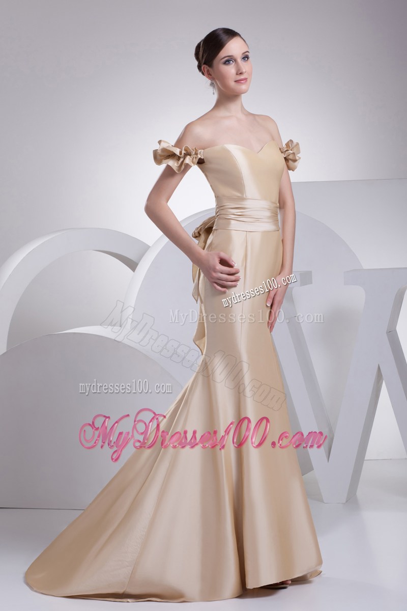 Memraid Off The Shoulder Champage Sash Prom Dress