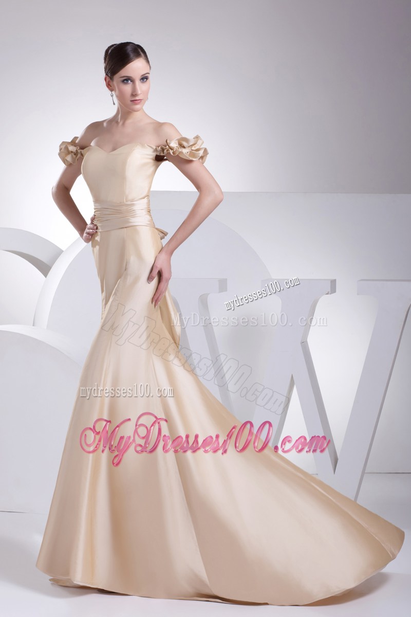 Memraid Off The Shoulder Champage Sash Prom Dress