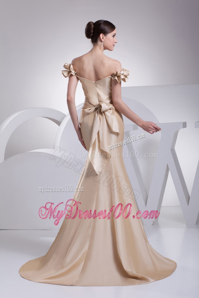 Memraid Off The Shoulder Champage Sash Prom Dress