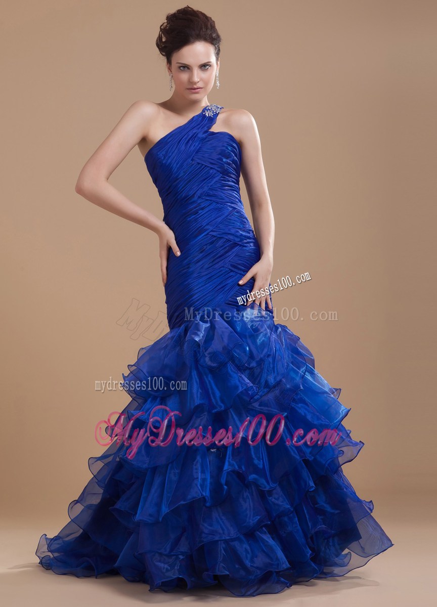 Mermaid One Shoulder Brush Train Ruffles Celebrity Dresses Royal Blue