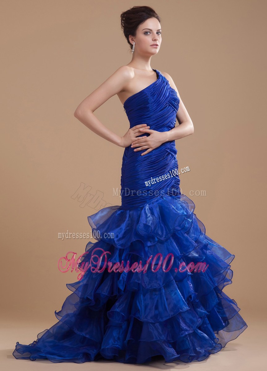Mermaid One Shoulder Brush Train Ruffles Celebrity Dresses Royal Blue