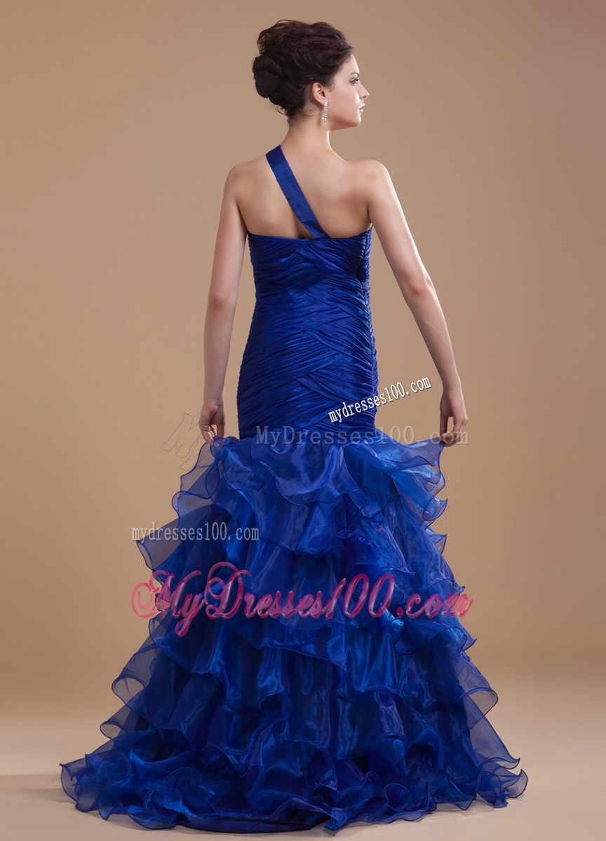 Mermaid One Shoulder Brush Train Ruffles Celebrity Dresses Royal Blue