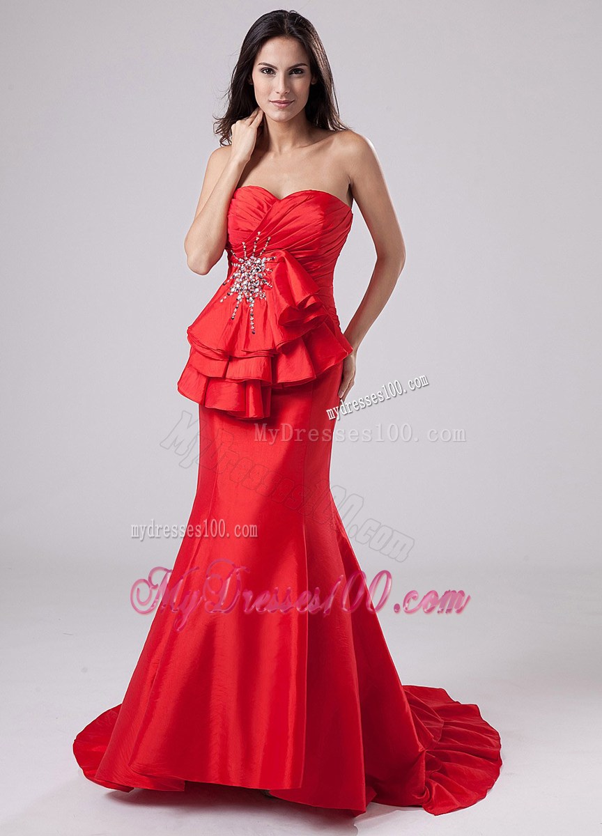 Red Mermaid Sweetheart Brush Train Celebrity Dresses with Beading
